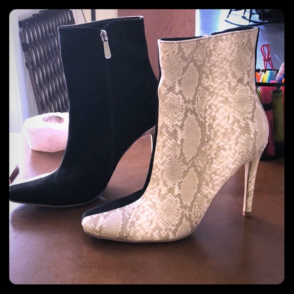 Black/snake skin bootie heels